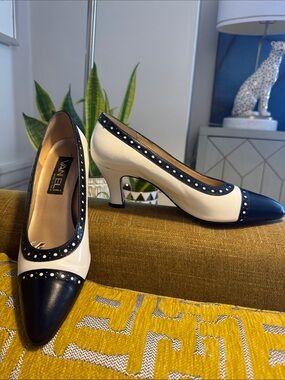 Vaneli Two-Tone White and Navy Pointed-Toe Pump with Stud Trim